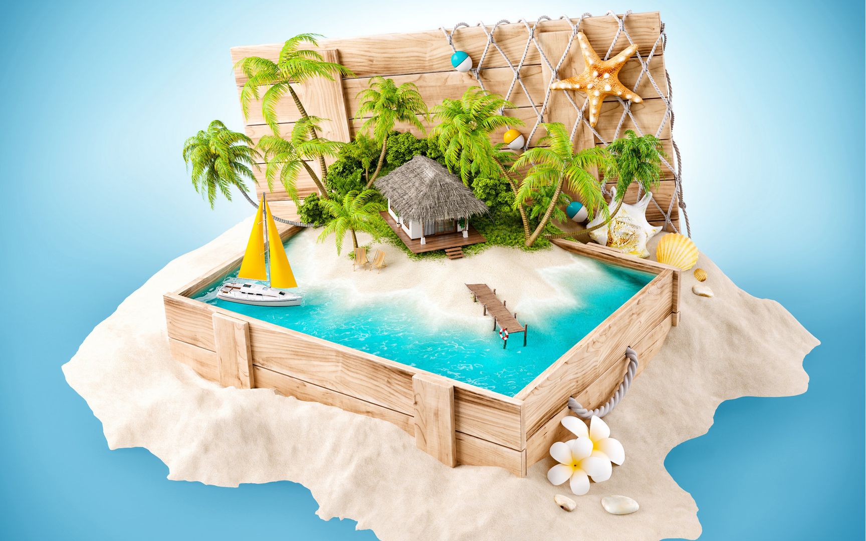 3D立体小岛绿荫椰树唯美风景创意设计大图