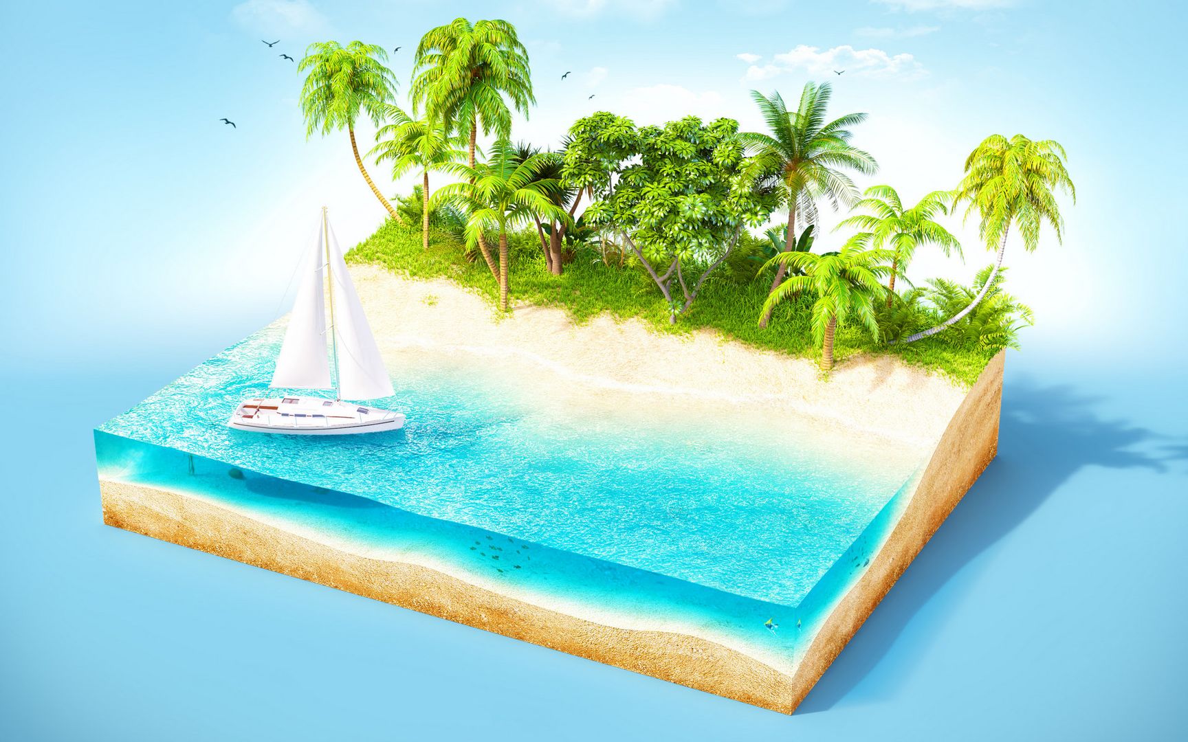 3D立体小岛绿荫椰树唯美风景创意设计大图