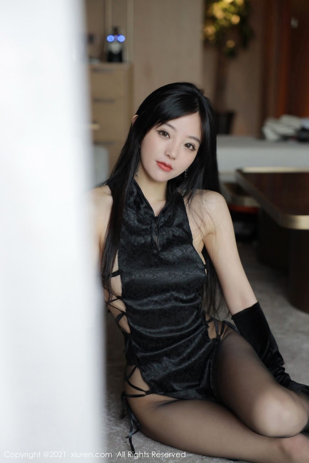 美女模特佘贝拉bella黑色旗袍+眼罩黑丝系列性感写真