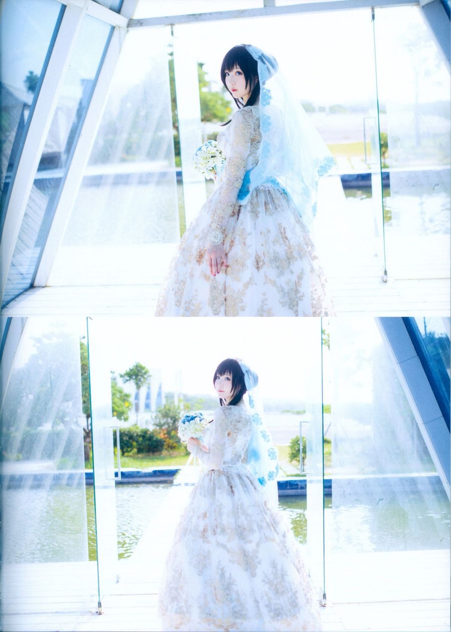 微博妹纸霜月shimo粉色连身裙+白色婚纱裙+蕾丝吊袜COS写真