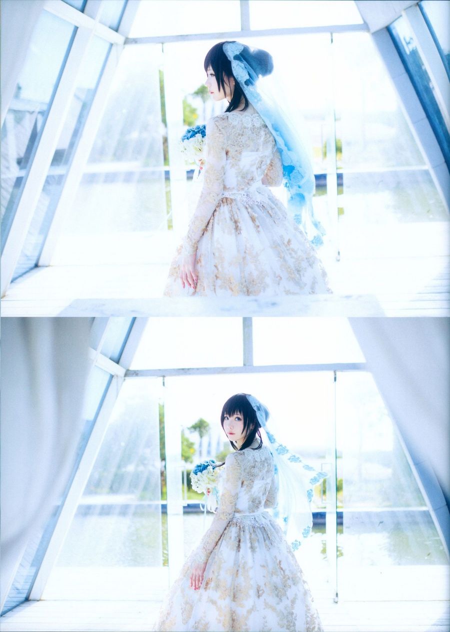微博妹纸霜月shimo粉色连身裙+白色婚纱裙+蕾丝吊袜COS写真