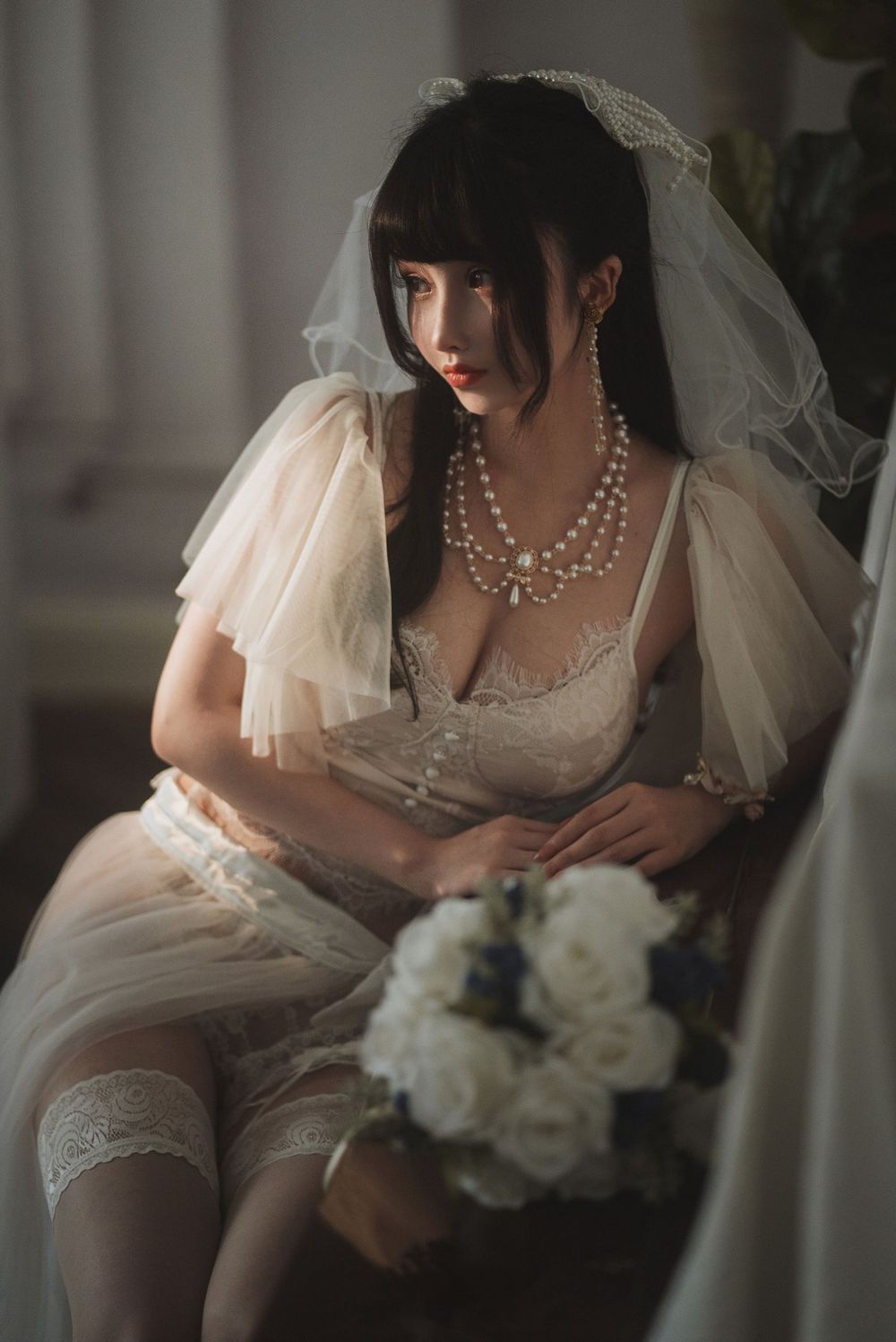 网络美女rioko凉凉子白色蕾丝袜+蕾丝婚纱透明主题私房写真