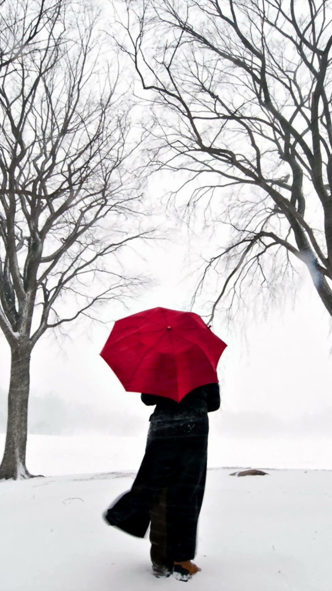 大雪纷飞的冬天撑起红伞