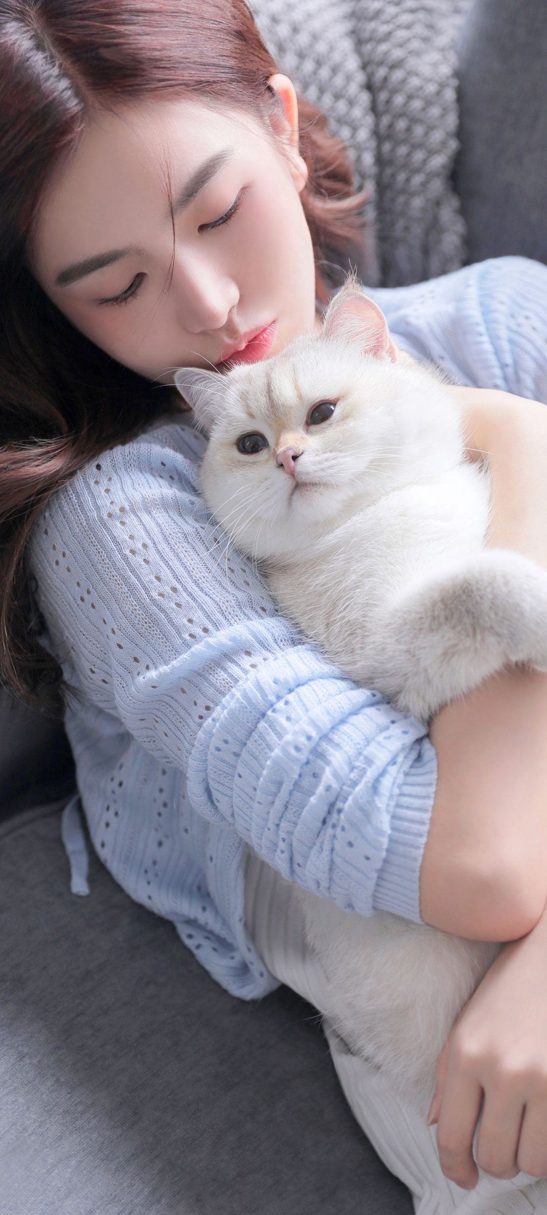 美女主播江亦祺抱着白色猫咪手机壁纸