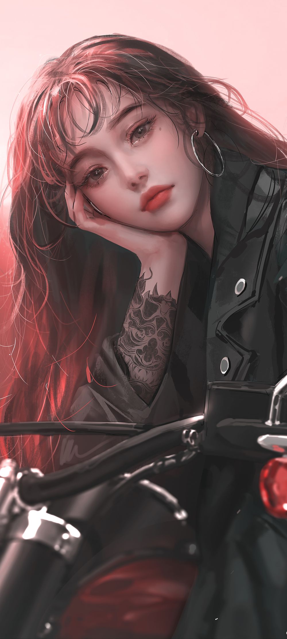 长发美女黑色皮衣摩托车主题手绘风格