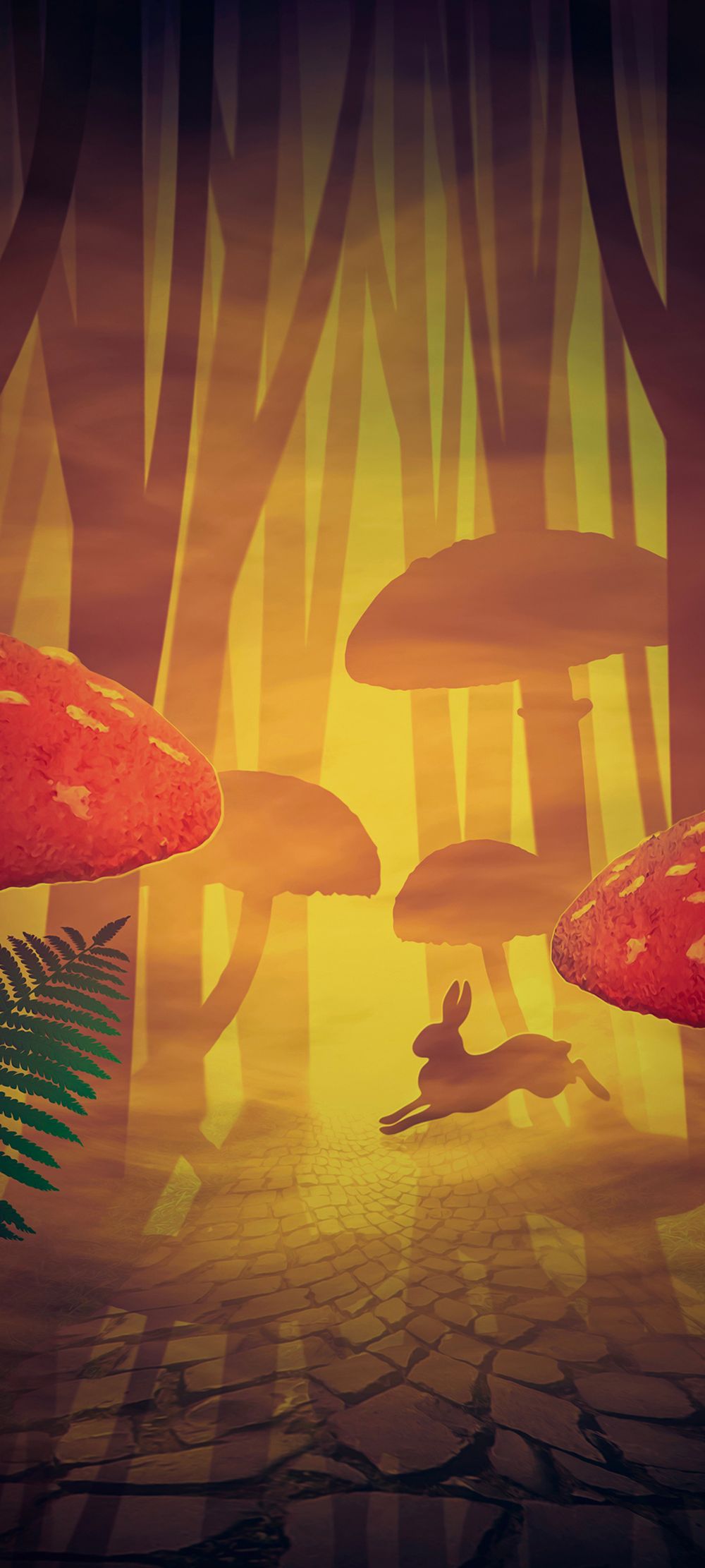 森林与蘑菇风光里奔跑的小鹿动漫风格手机壁纸