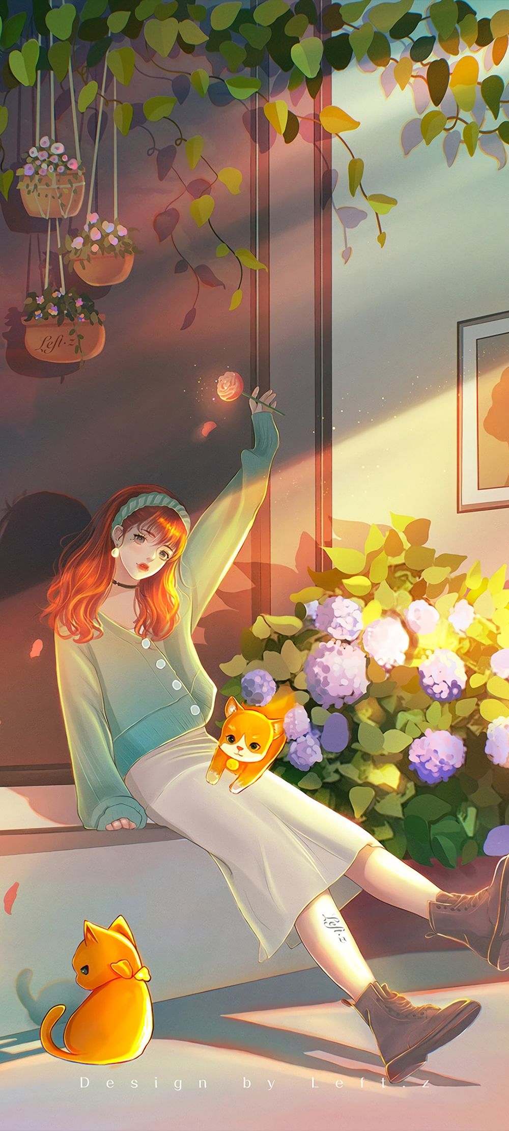 年轻情侣猫与鲜花唯美系列全面屏手机壁纸