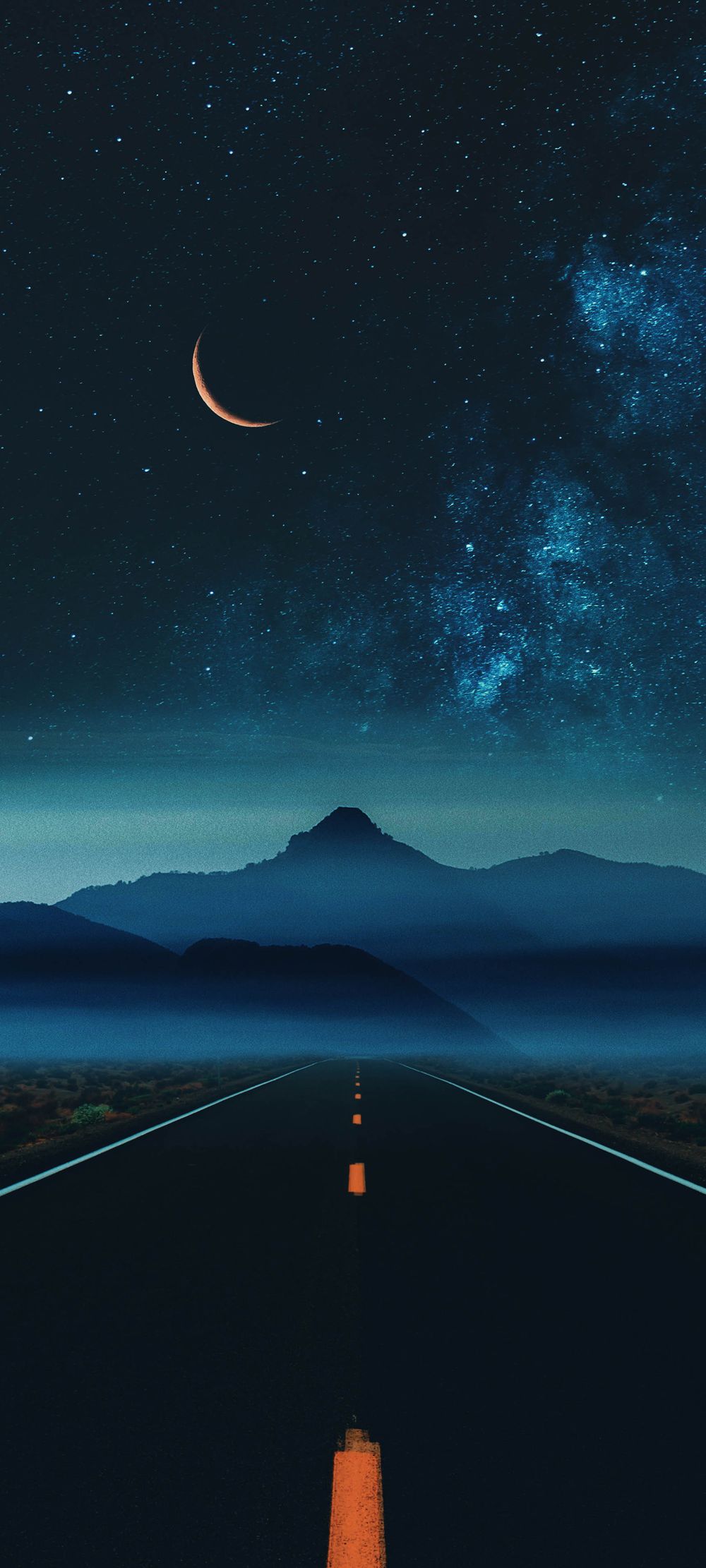夜幕降临满天繁星的山间公路手机风景壁纸