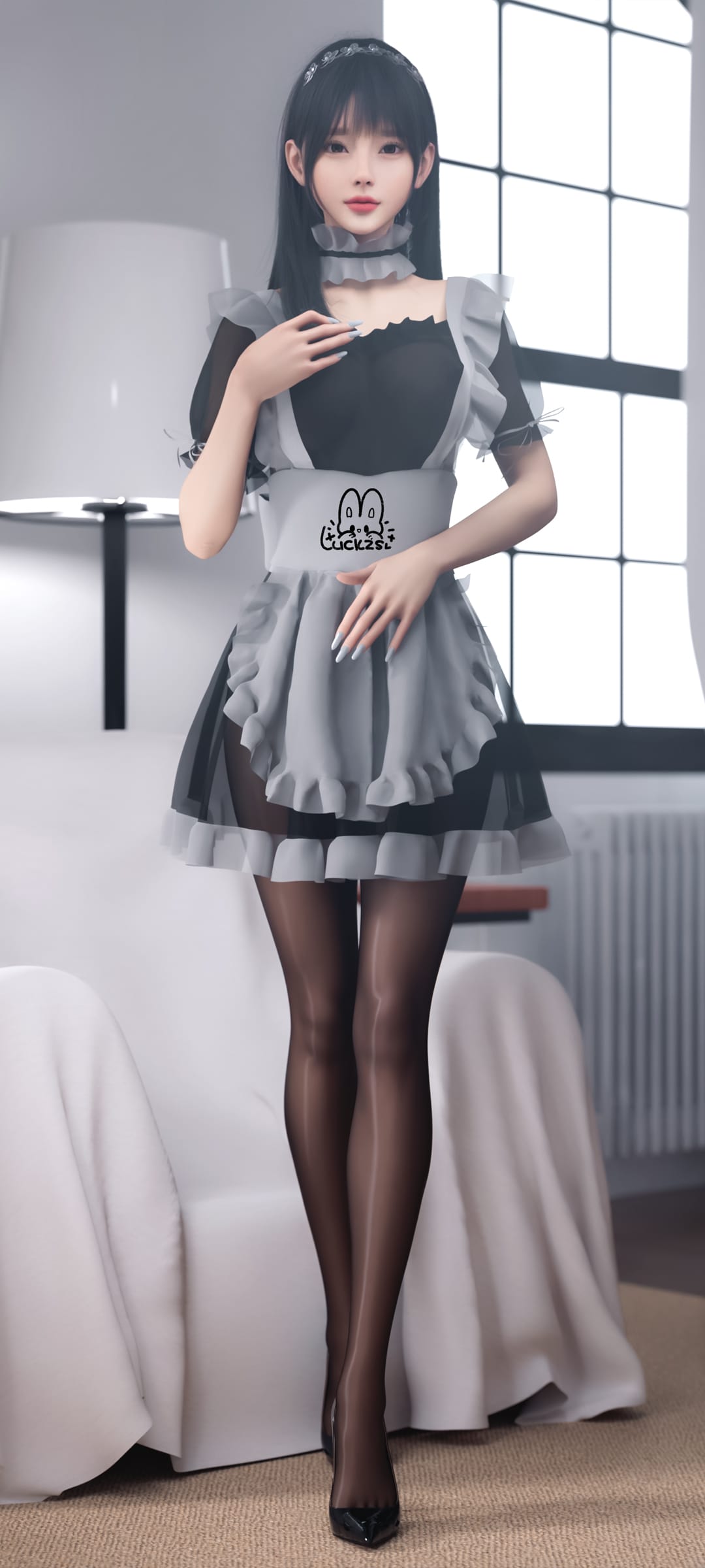 3D美少女麻匪女仆装扮黑丝系列手机壁纸