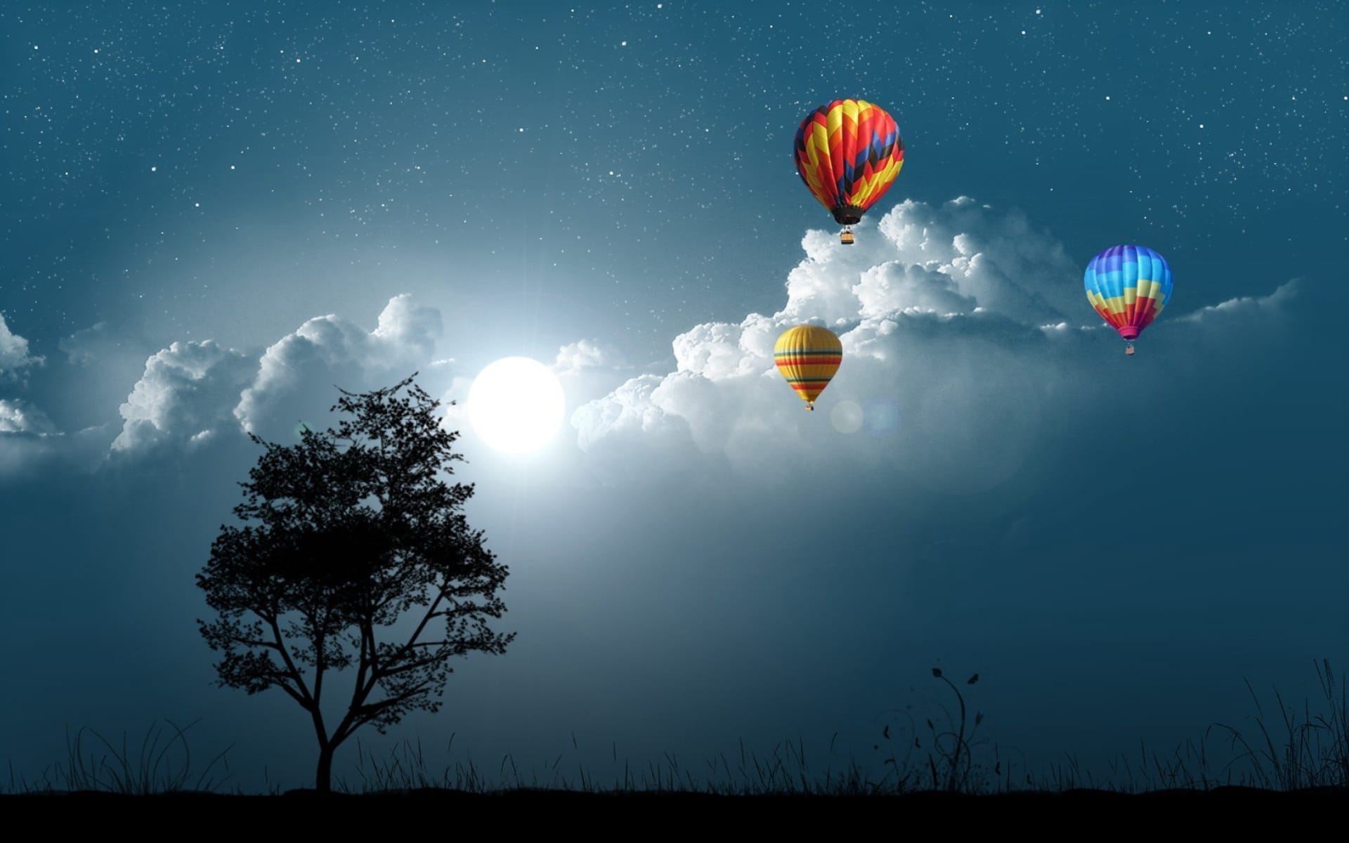 浪漫的热气球蓝天白云下缓缓飞翔图片壁纸