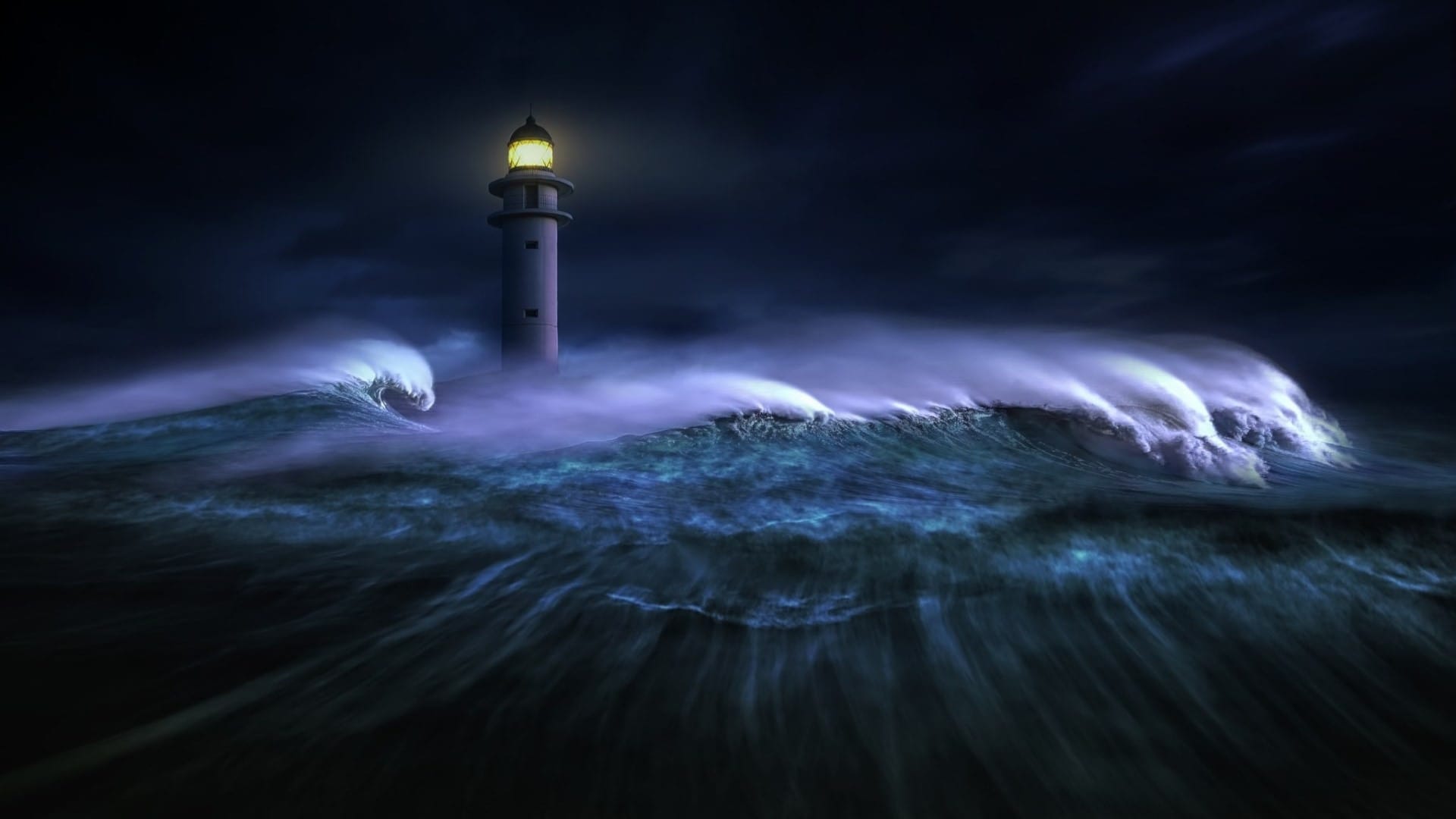 海啸中的灯塔在风暴骇浪中屹立