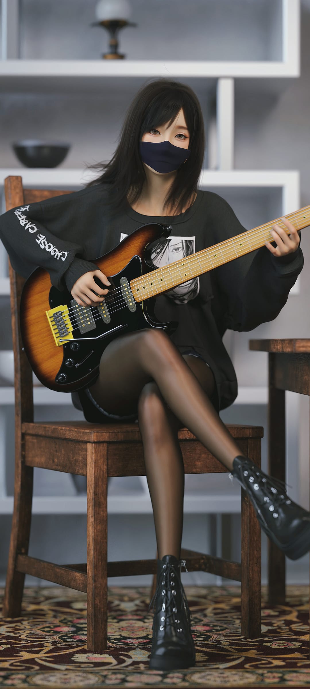 个性3D美女黑色丝袜轻弹吉他高清手机壁纸