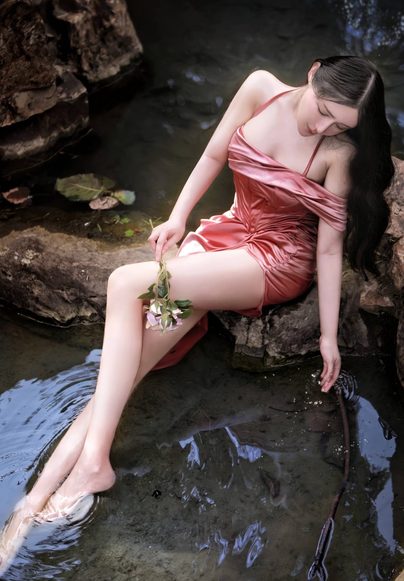 王黛施Queenly溪边人鱼公主红色魅惑系列写真