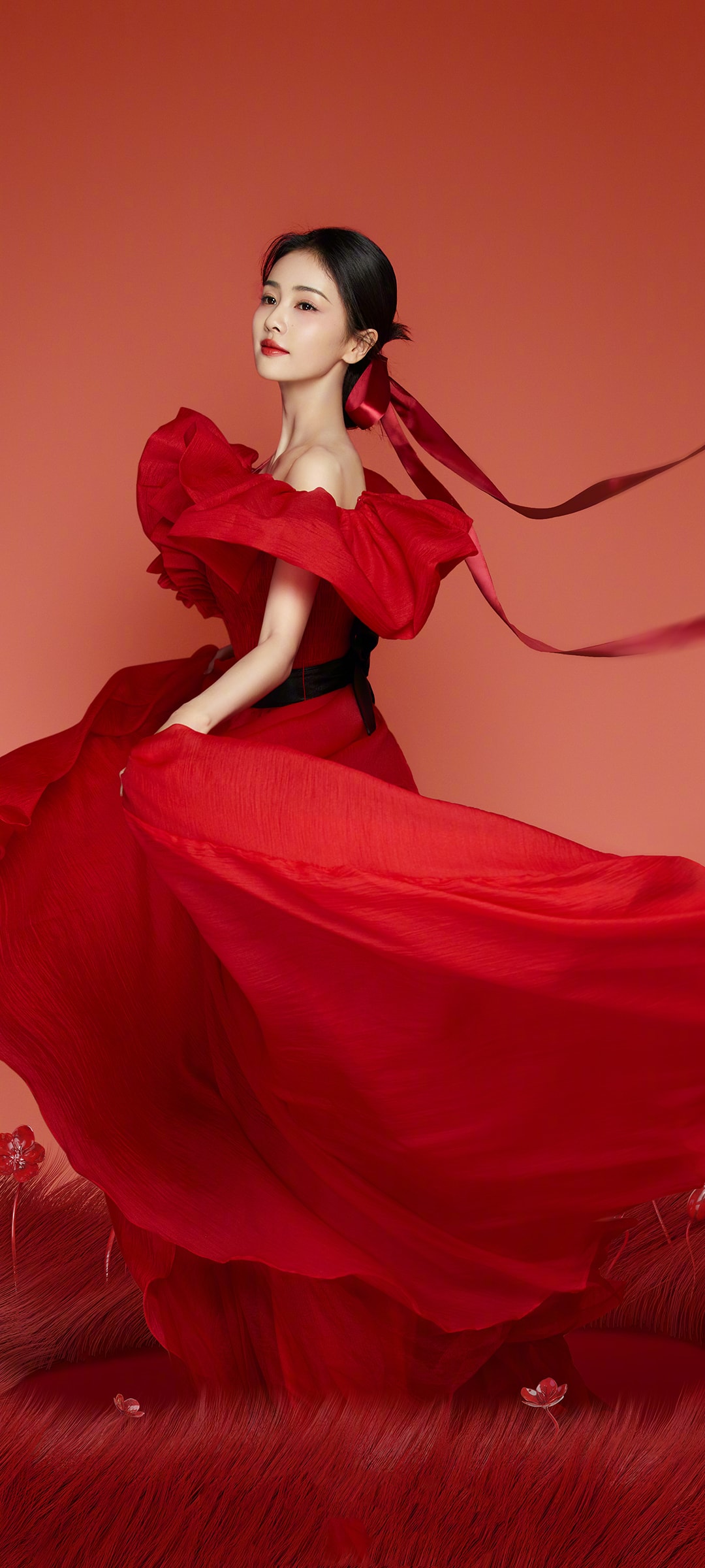 气质美女身穿红色长裙仙气飘飘养眼手机壁纸