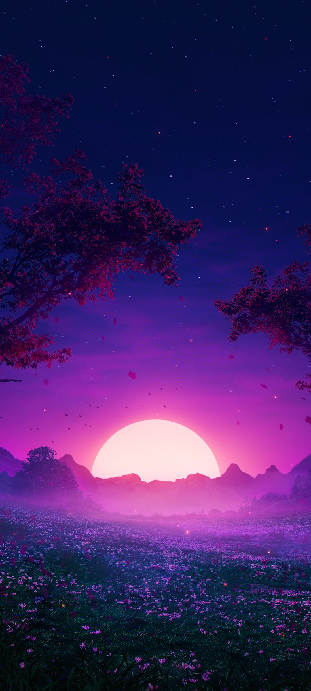明亮圆月下鲜花唯美紫色风景壁纸