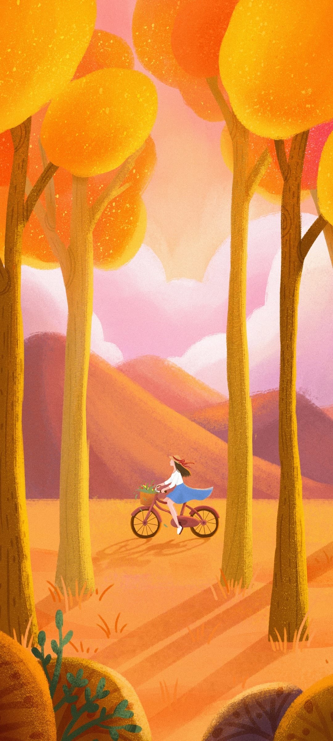 骑单车的女孩手绘风景金黄色风格壁纸