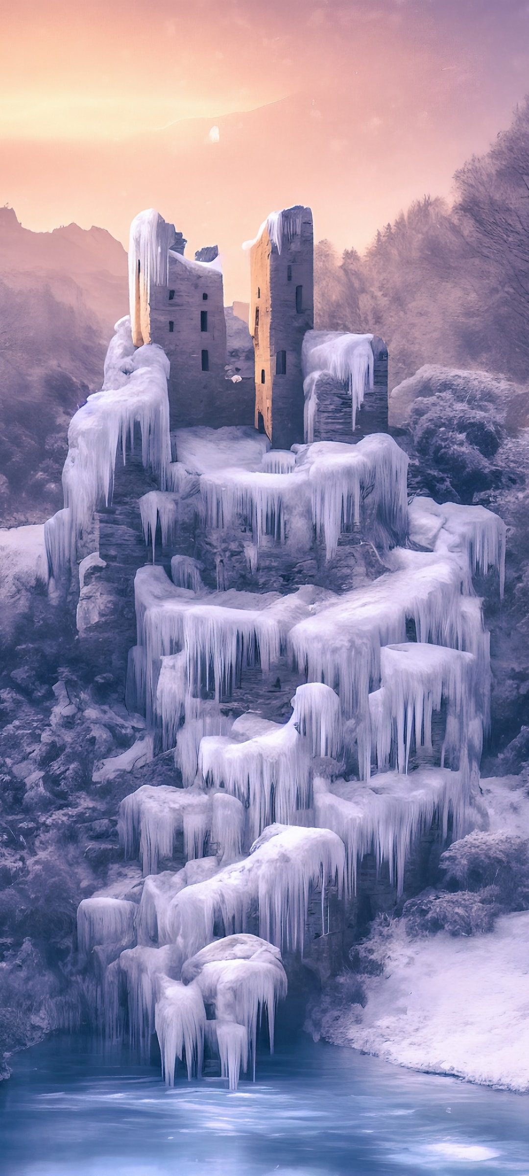 冬天极寒天气下的城堡结冰风景手机壁纸
