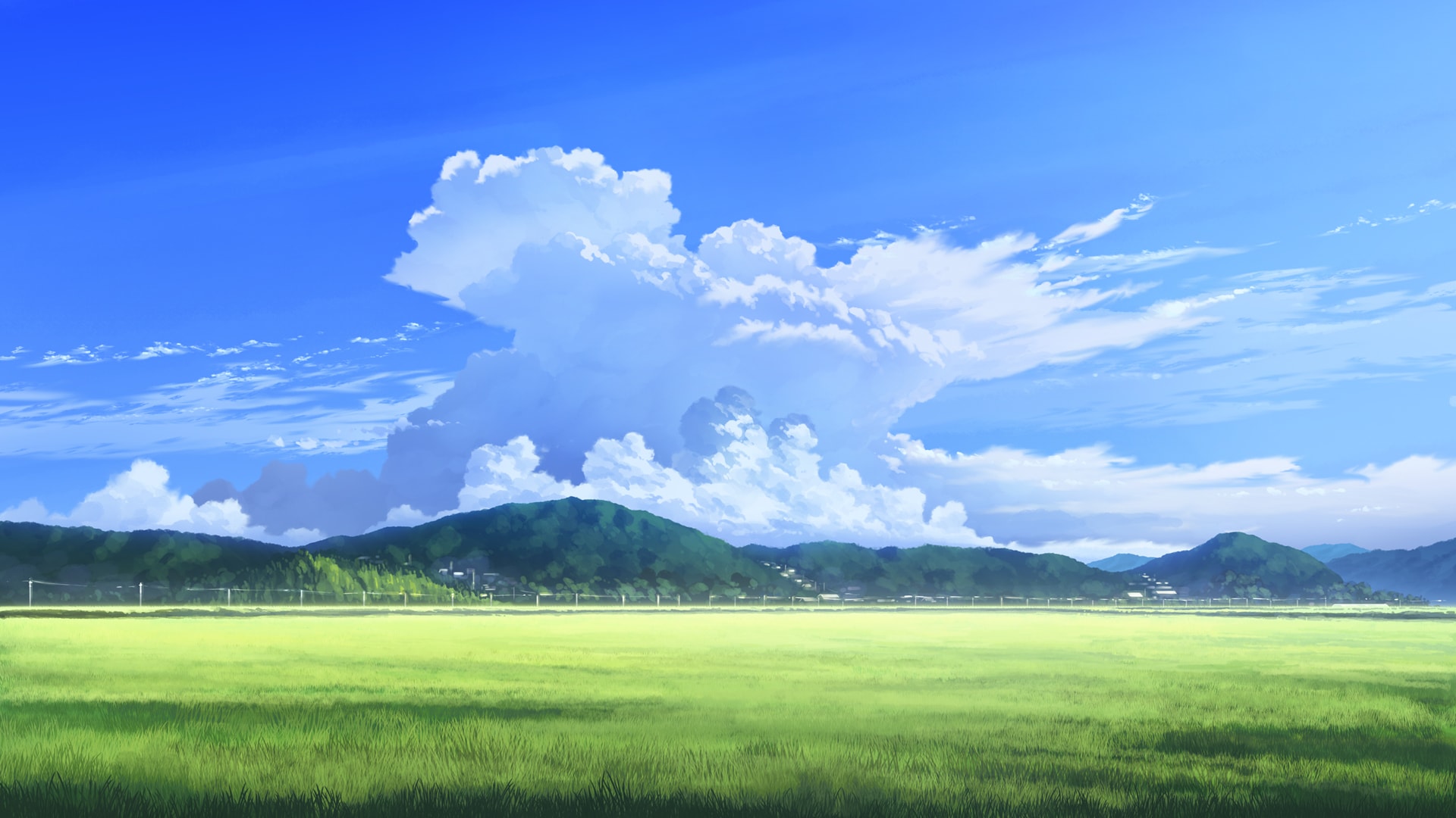 天空+白云+绿色草地手绘绝色风景