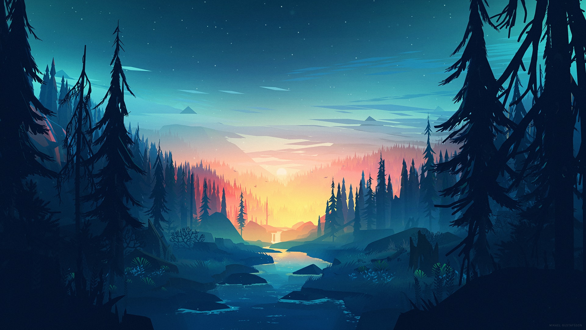 唯美夜空群山之中森林湖泊静寂唯美风景