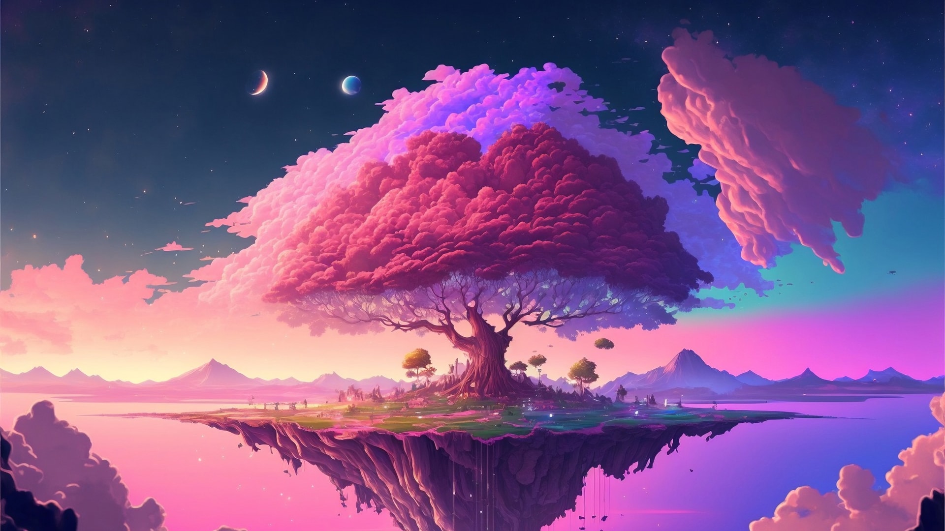 悬空岛屿的粉色的树木+云彩风景