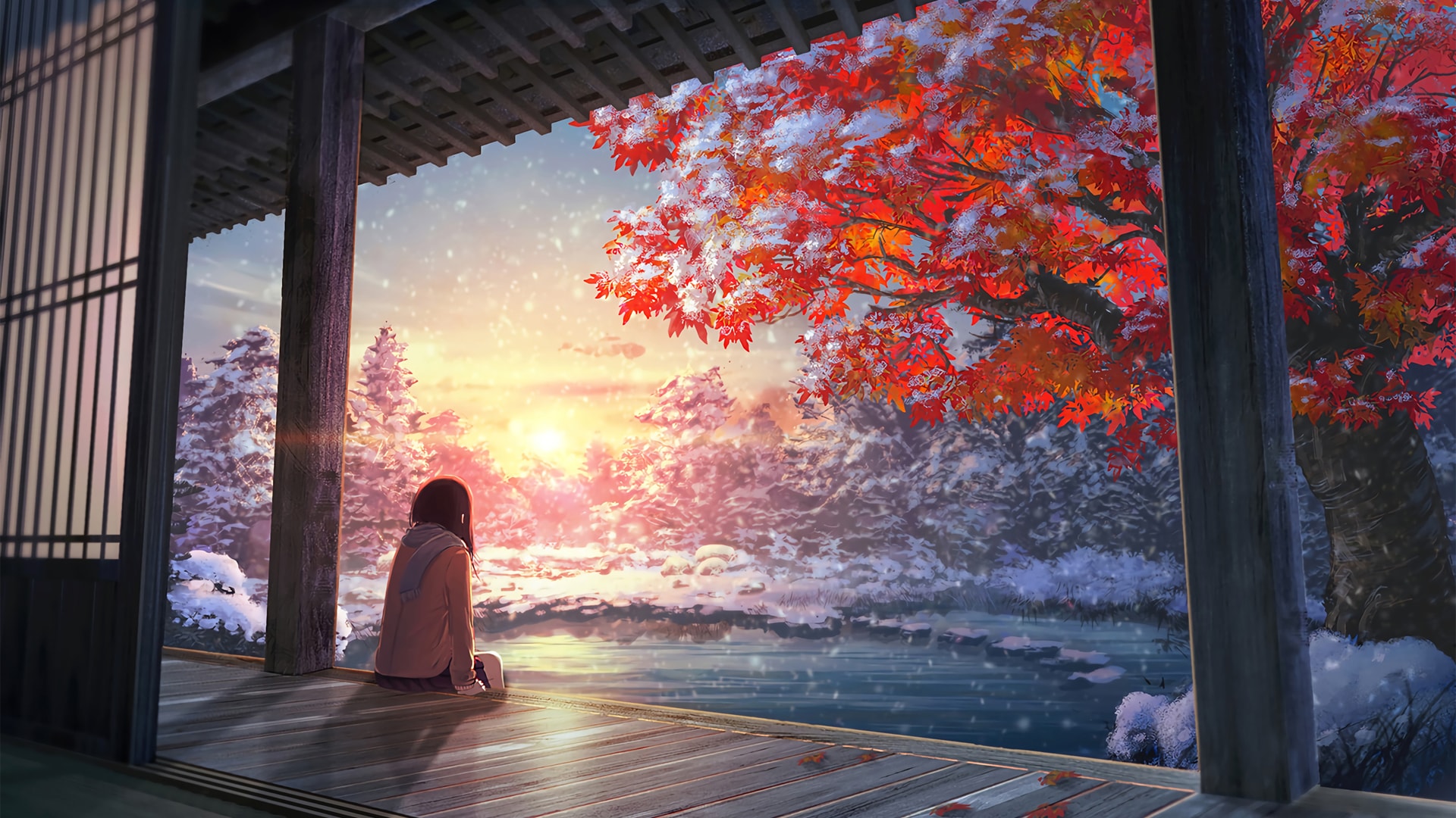 坐在外廊r 围巾女孩唯美冬天风景壁纸