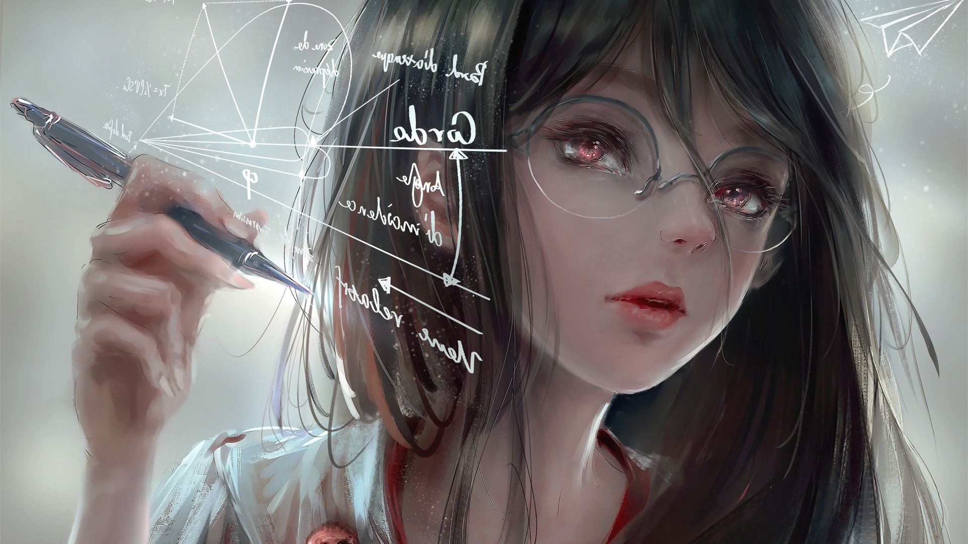 戴眼镜的女工程师演算板绘厚涂画风格