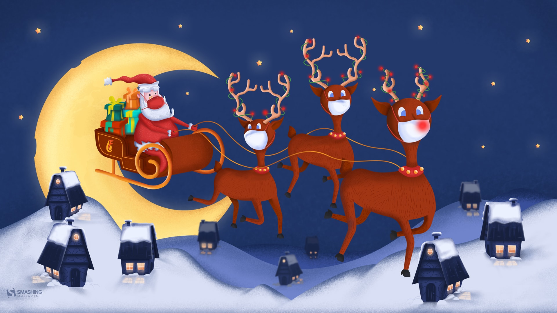 圣诞节圣诞老人驾着驯鹿拉的雪橇