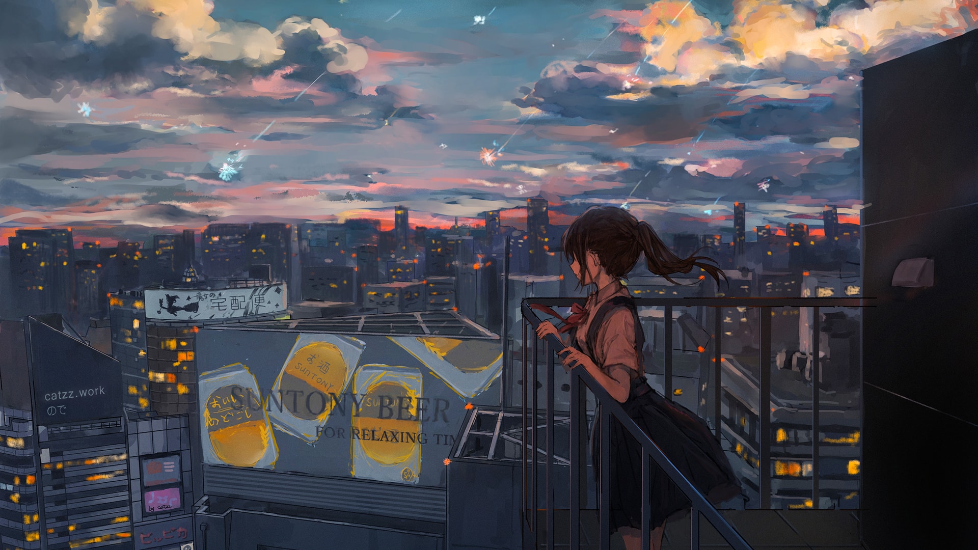傍晚阳台上的女孩子流星掉流都市夜景