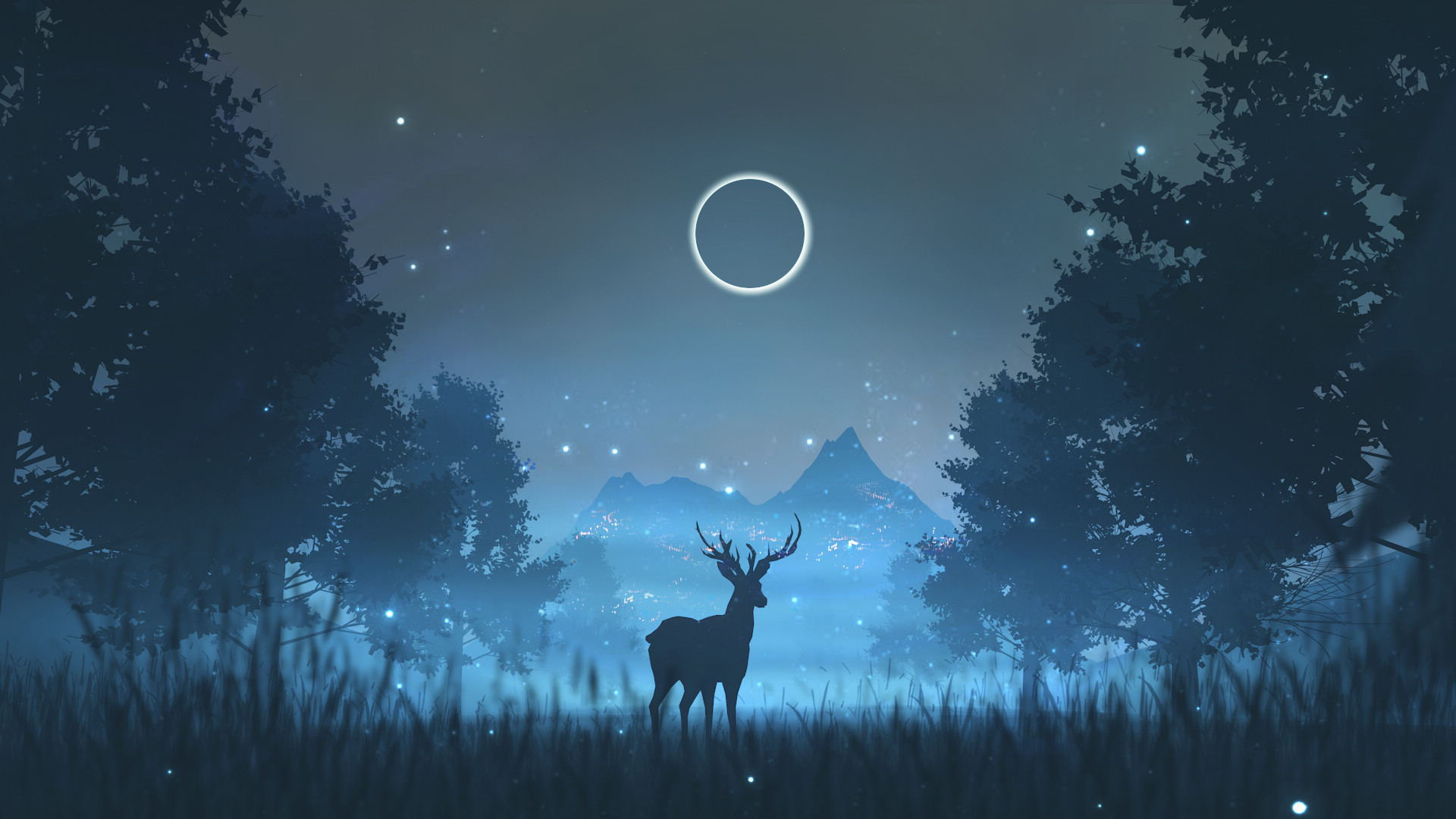 静寂夜晚圆月之下森林鹿唯美意境壁纸