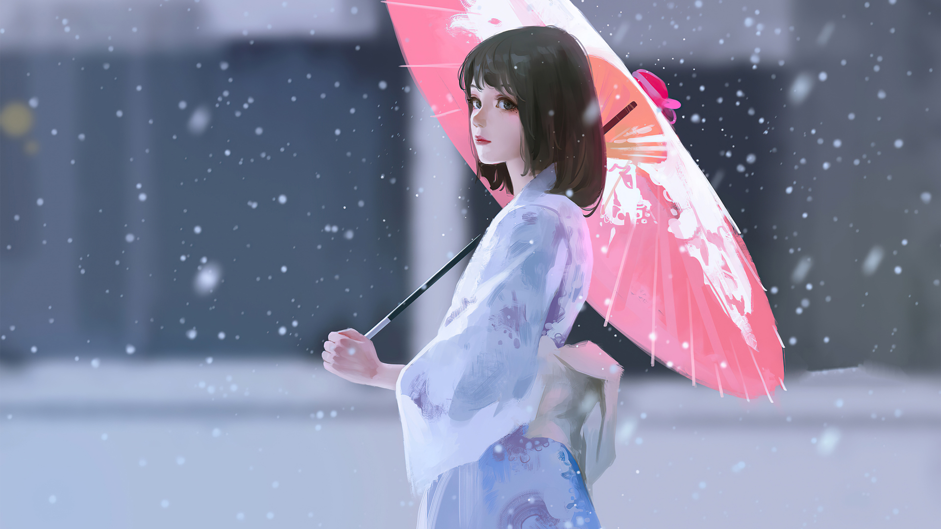 下雪天撑伞的短发女孩