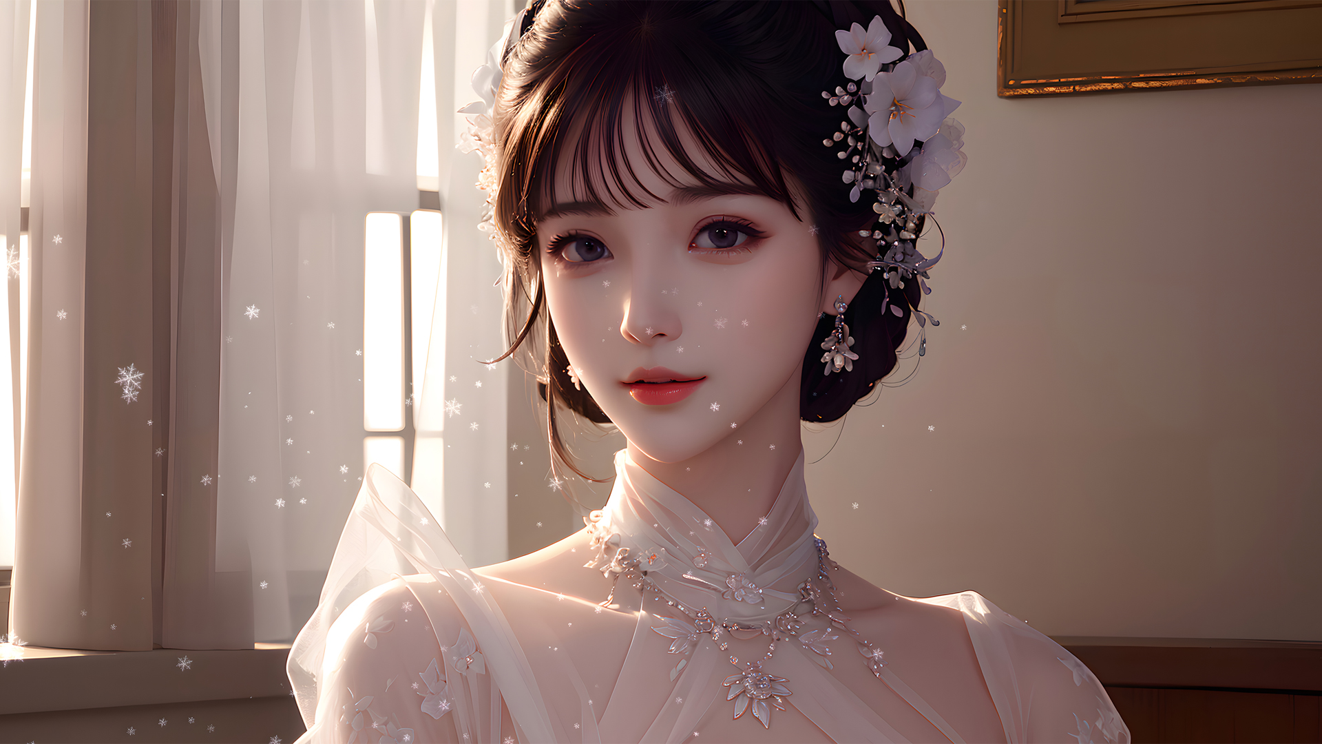 精致妆容新娘白色婚纱AI绘画