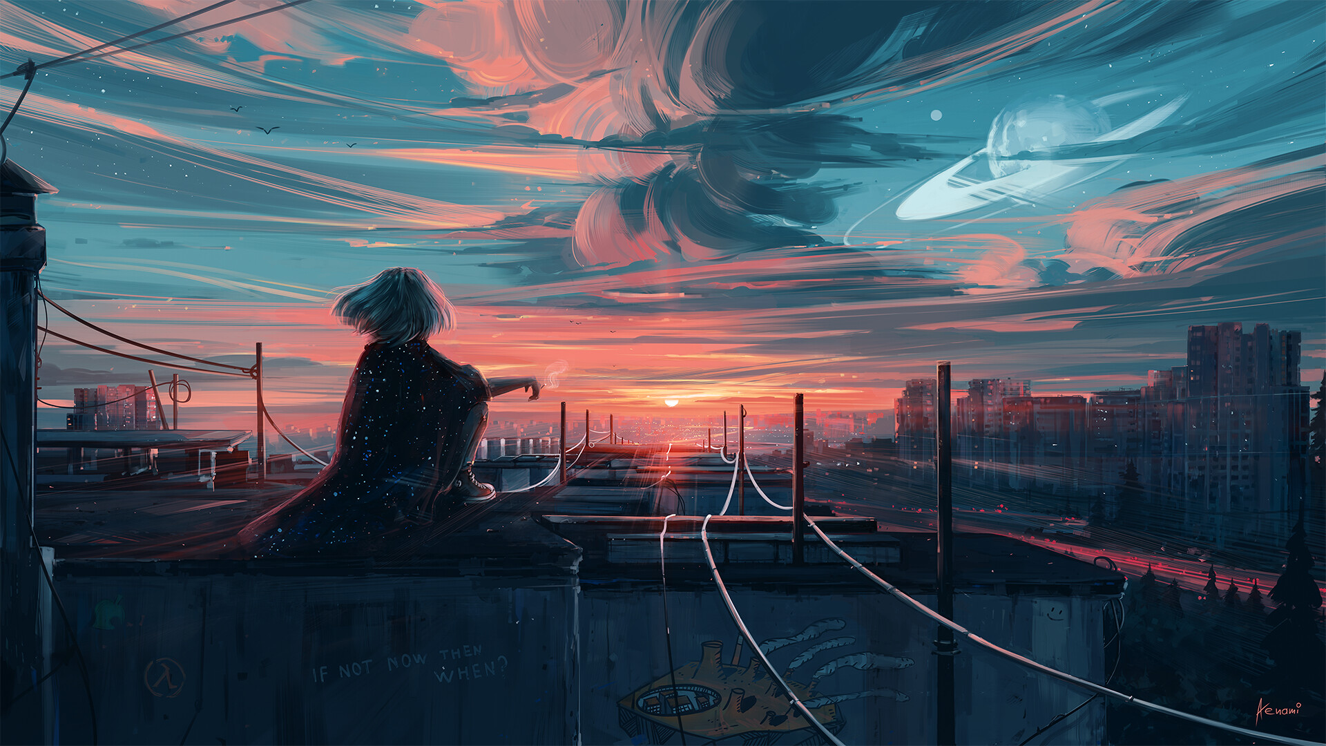 日落时分坐在屋顶的动漫少女