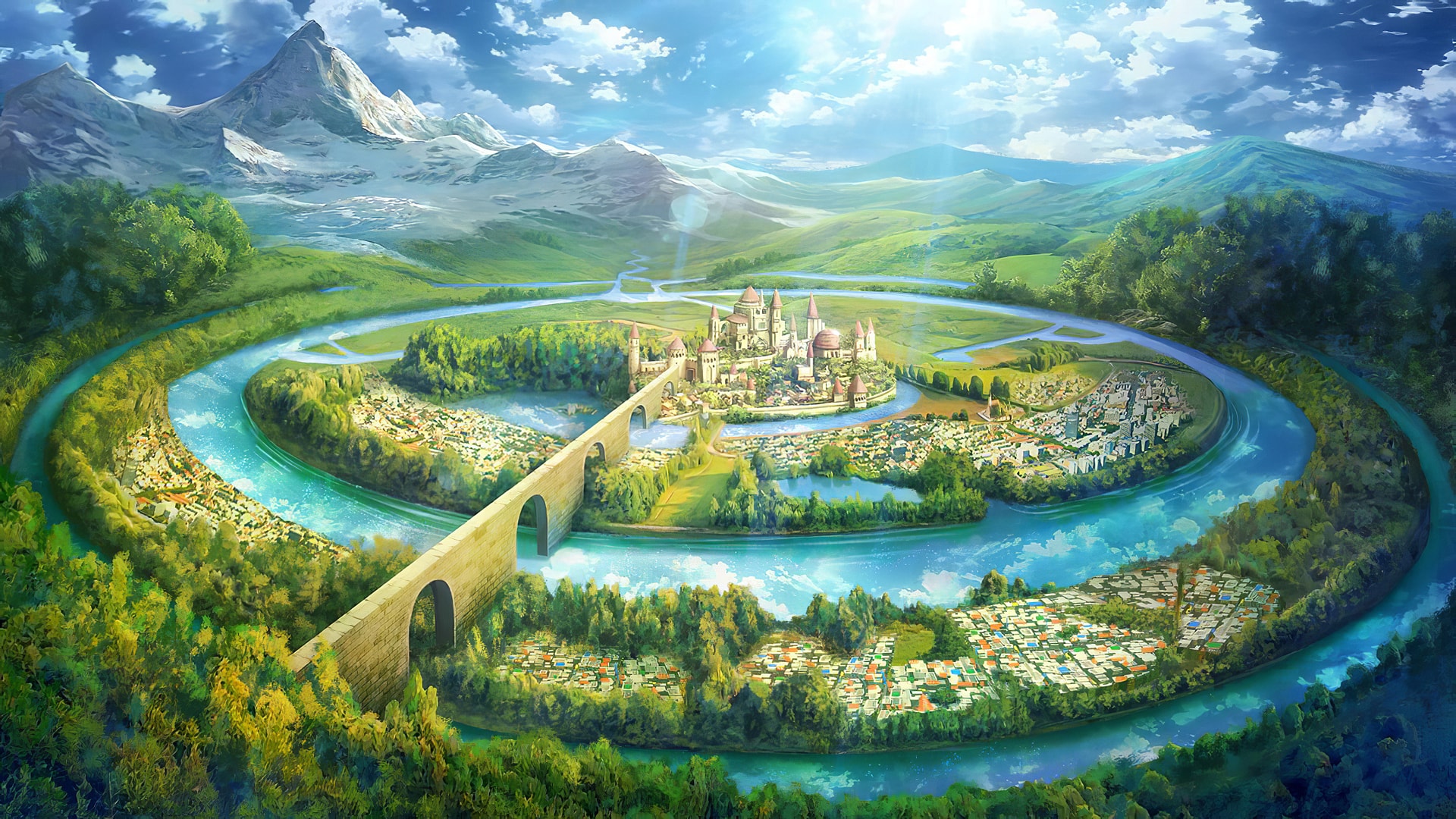 群山围绕间美丽城堡宛如人间仙境插画风景