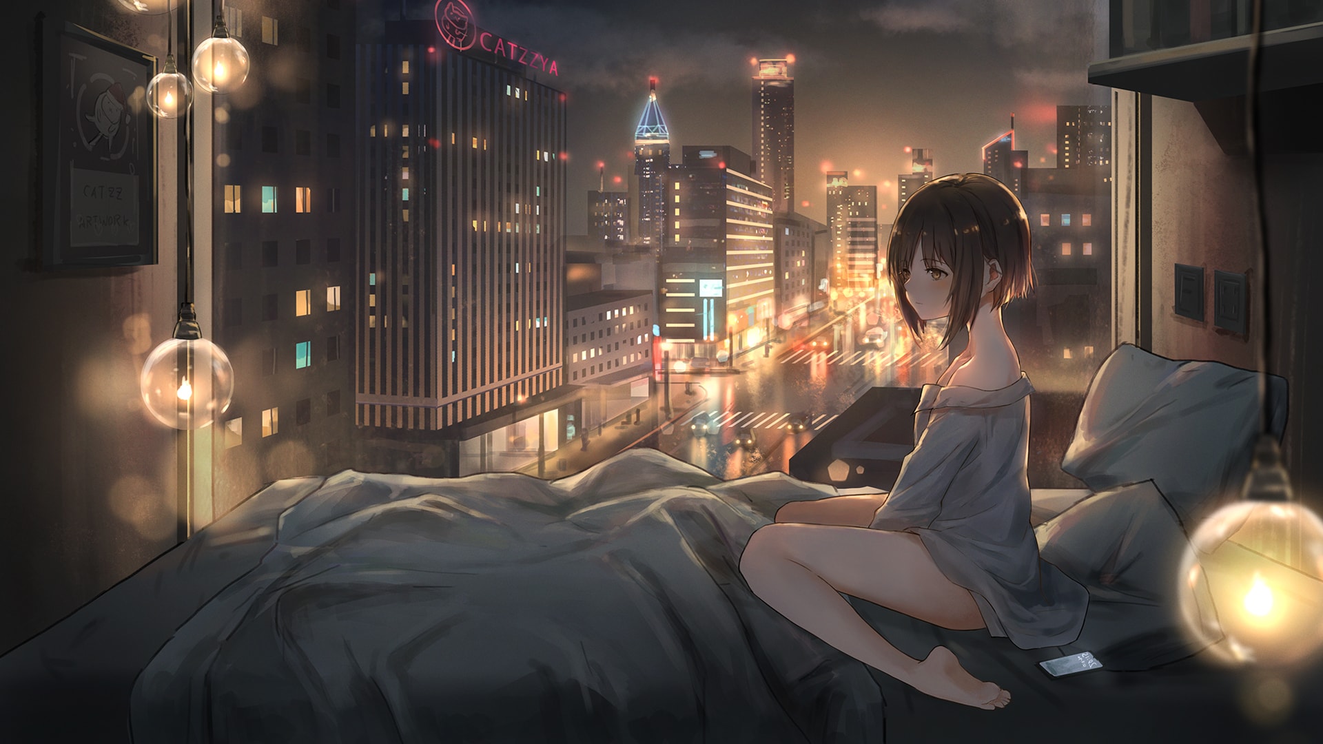 夜幕降临都市女孩子晚上起床动漫风景