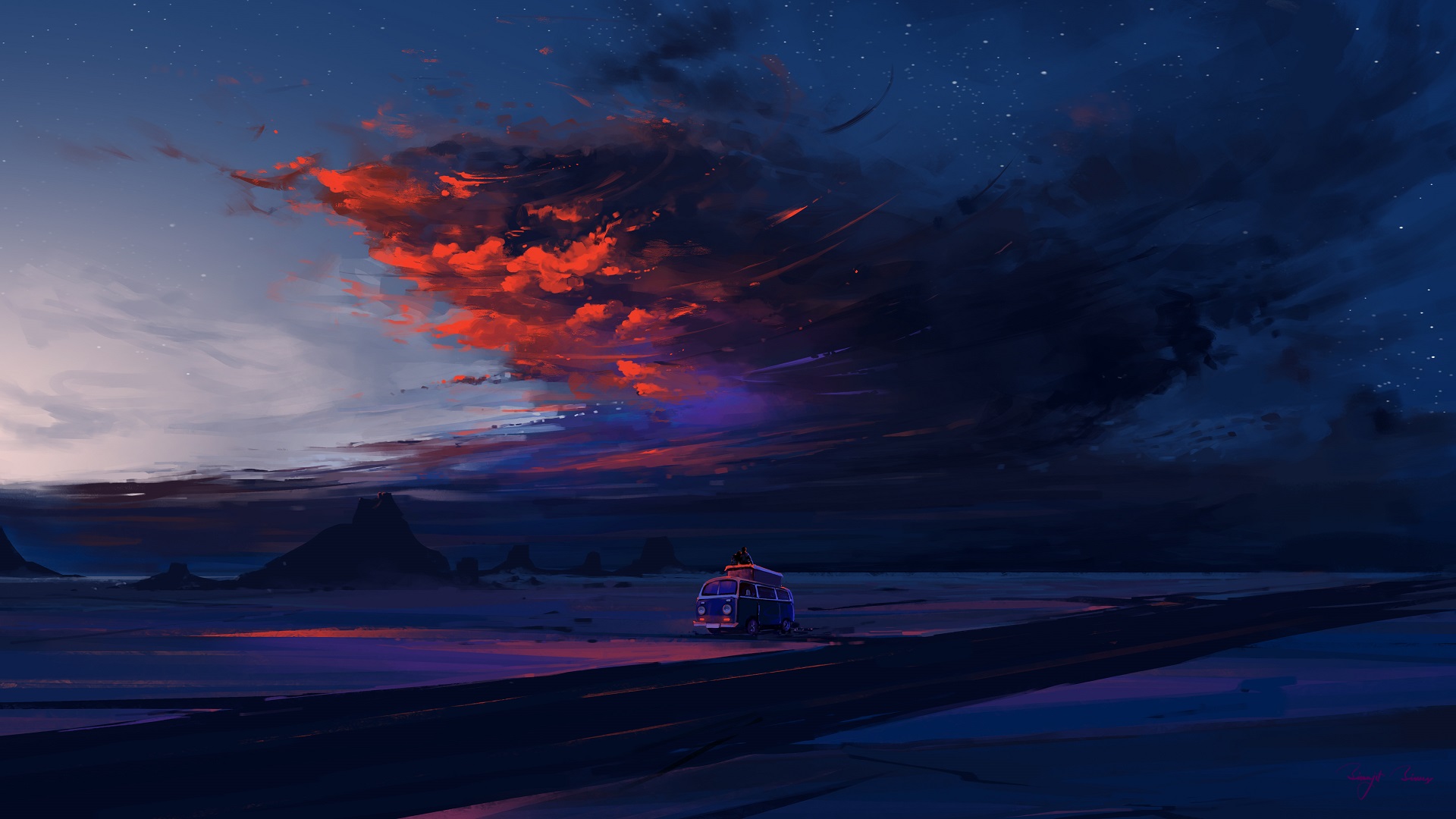 火烧云下的夜空小巴士停在路边浪漫旅行