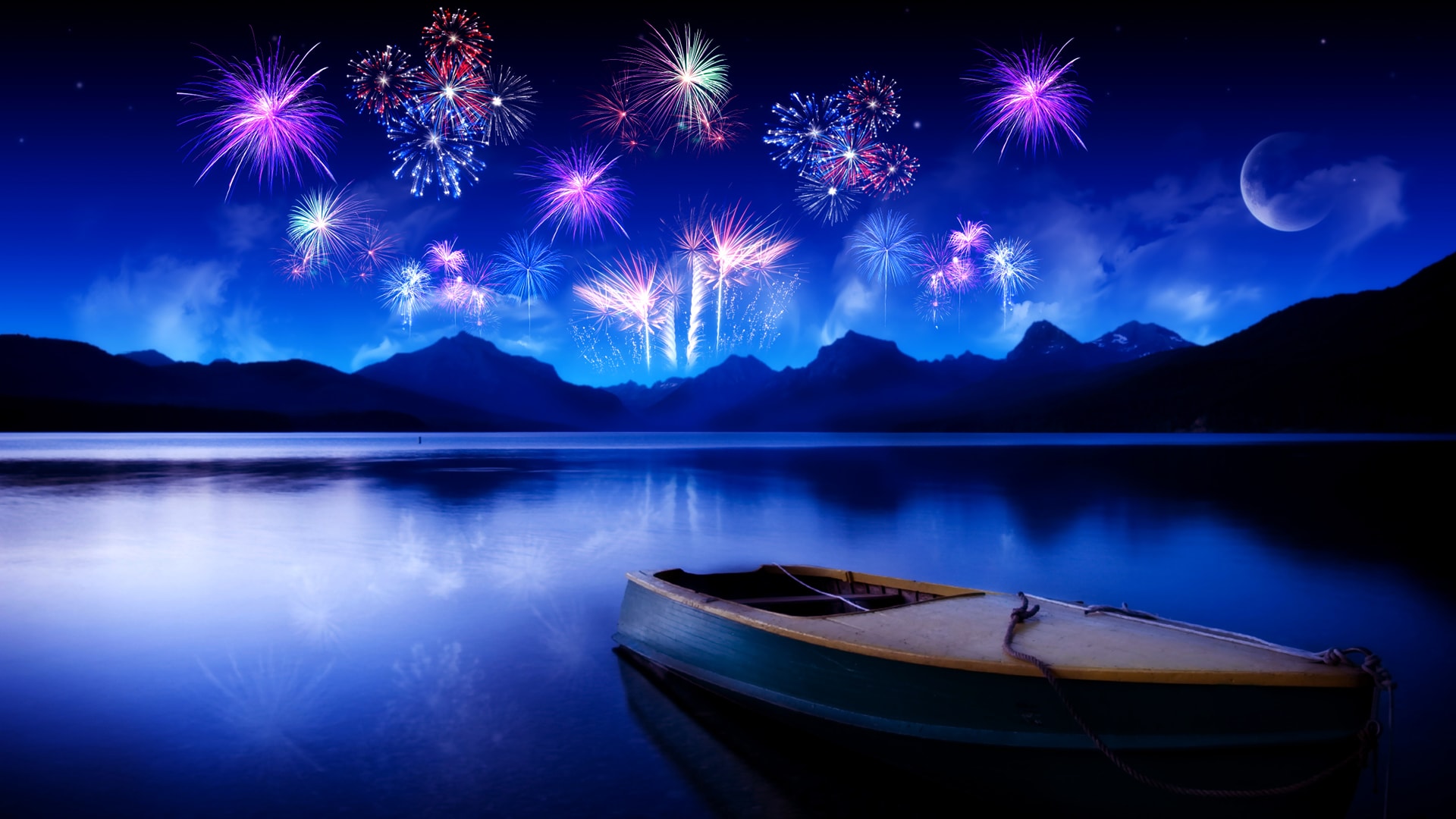 新年烟花姹紫嫣红湖泊风景壁纸
