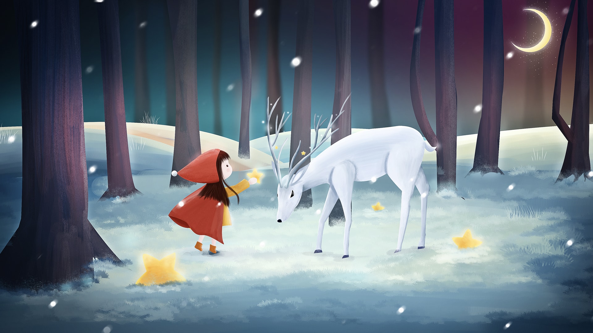森林深处雪地的小女孩给鹿送礼物