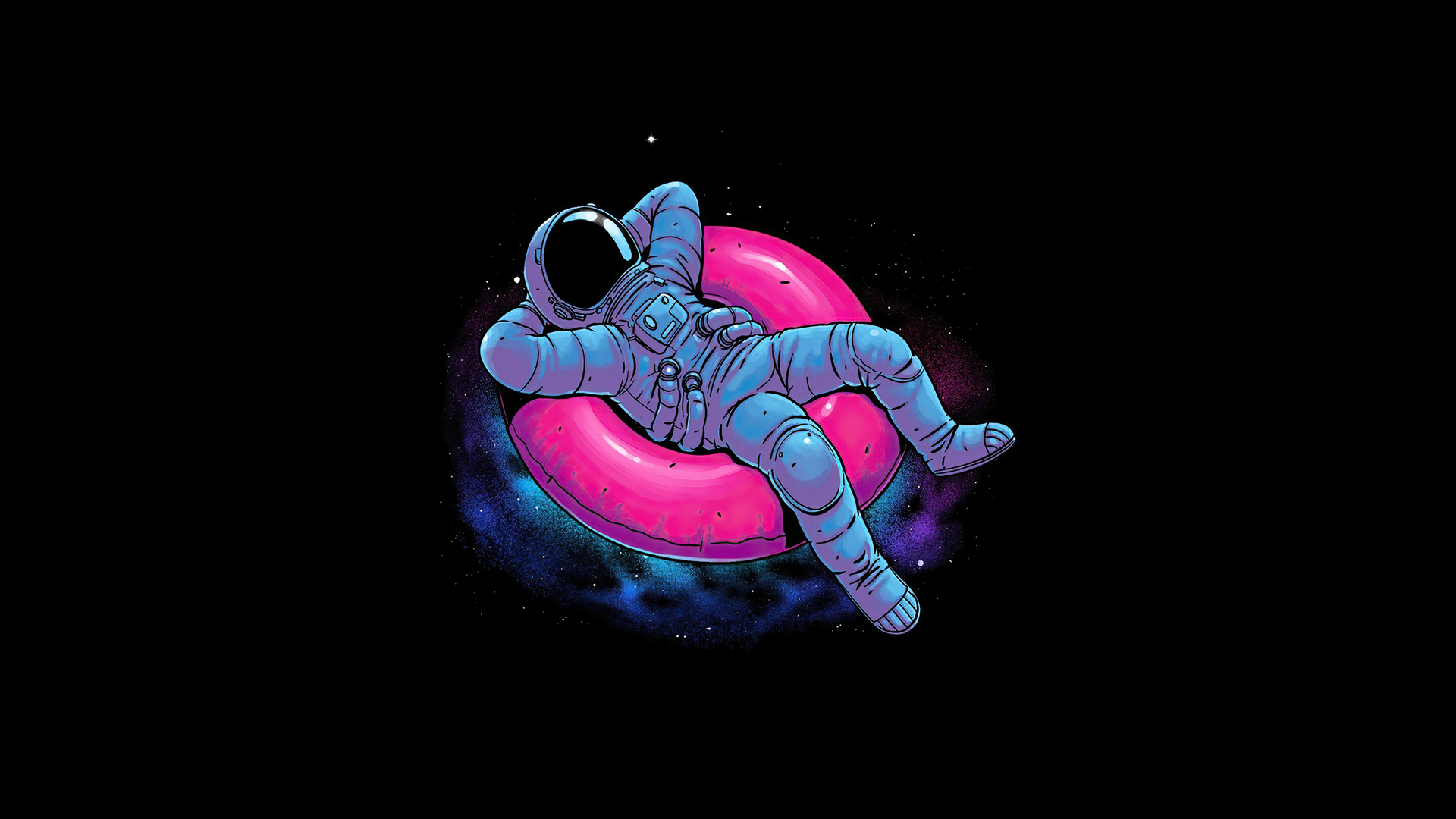 宇航员悠闲姿势躺在粉色的救生圈