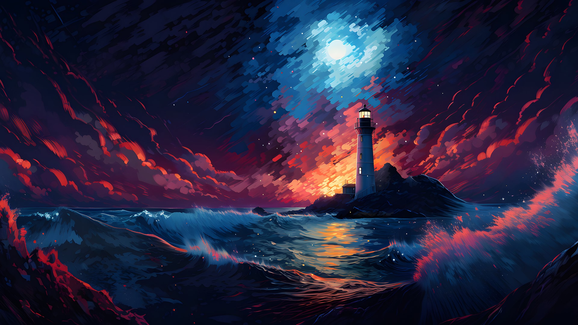 夜晚大海边唯美的灯塔
