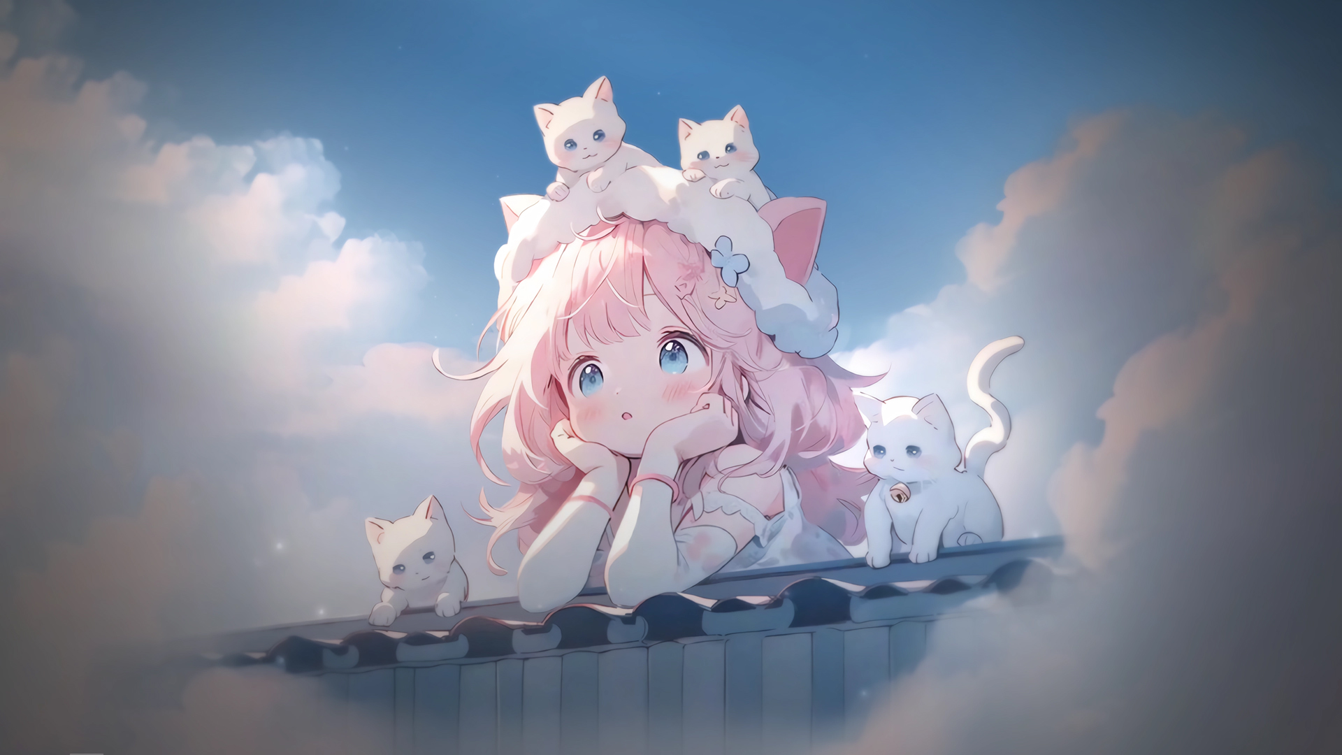 可爱小女孩与四只小白猫