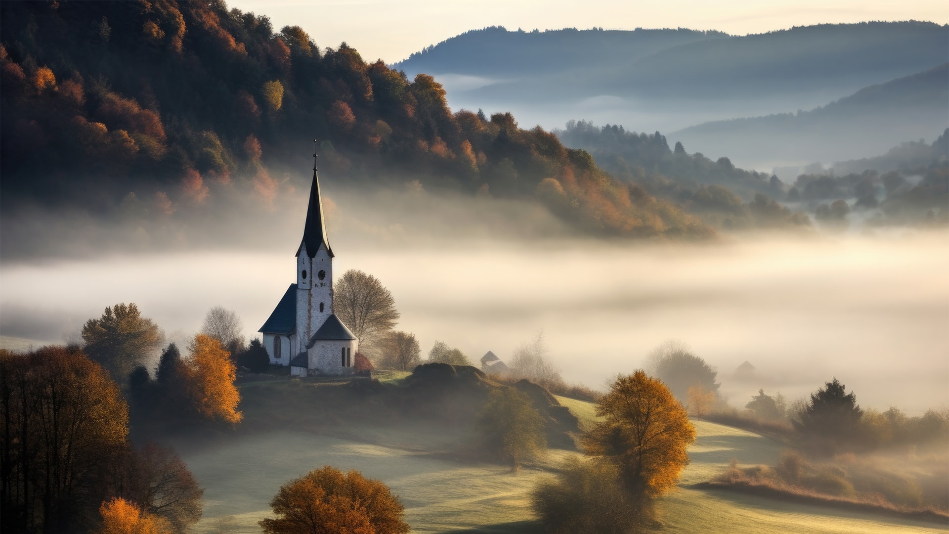秋天白雾笼罩的山谷里教堂雾蒙蒙风景
