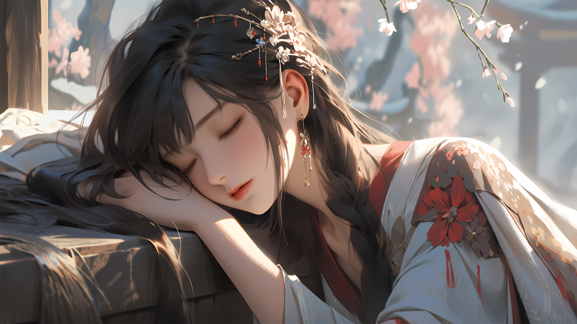 梅花树下趴着睡觉的阳光少女
