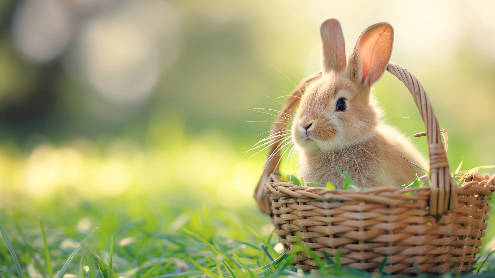 绿草地竹篮里可爱的小白兔